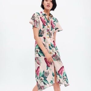 Zara Tropical Print Midi Dress - Pink and Green SZ L